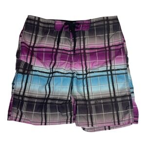 Kanu Surf Plaid Board Shorts Men's Size 36 Purple Blue Black Swim Trunks